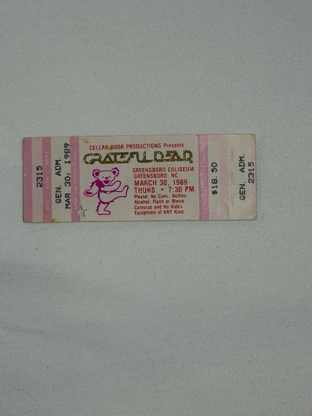 1989 Grateful Dead Ticket Stub March 30 Greensboro, NC